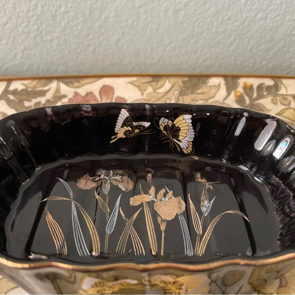 Kutani | Vintage Japanese Black Gold Iris Butterfly Soap Trinket Dish | Fairy
